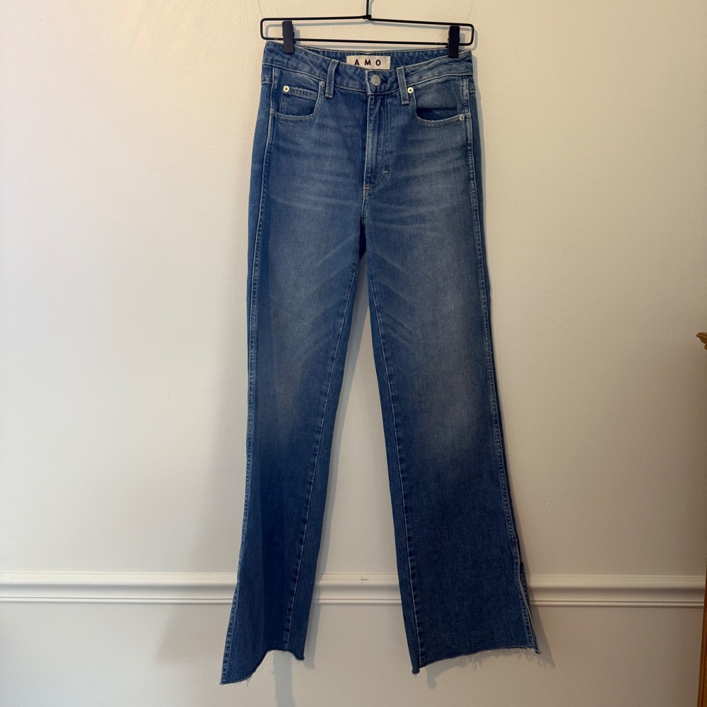 AMO High Rise Straight Leg Raw Hem Jeans Medium Wash Size 26 Made in USA